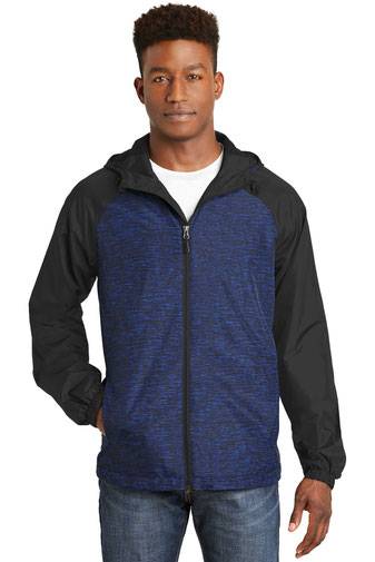 Sport-Tek ®  Heather Colorblock Raglan Hooded Wind Jacket. JST40