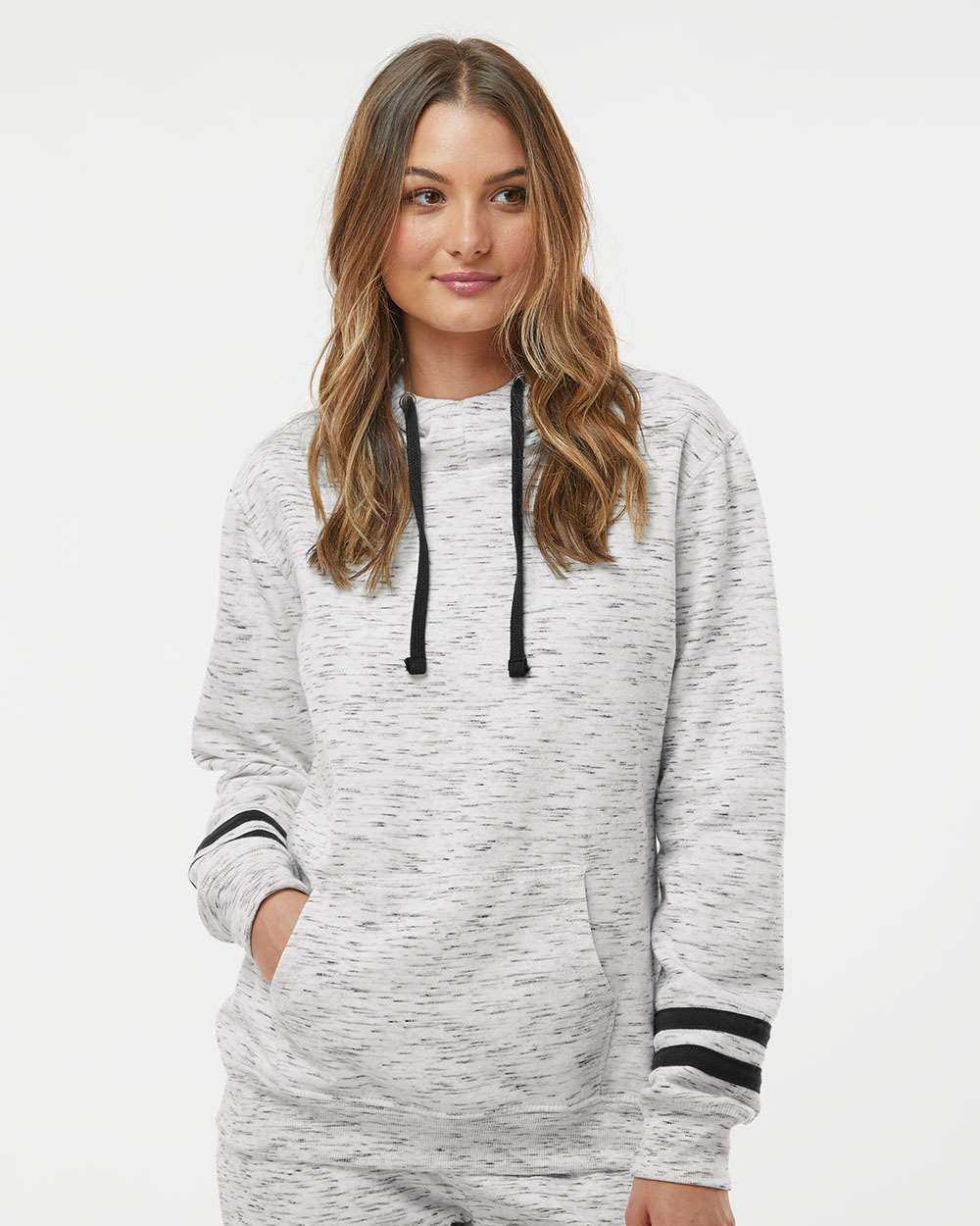 J. America Women’s Mélange Fleece Striped-Sleeve Hooded Sweatshirt 8674