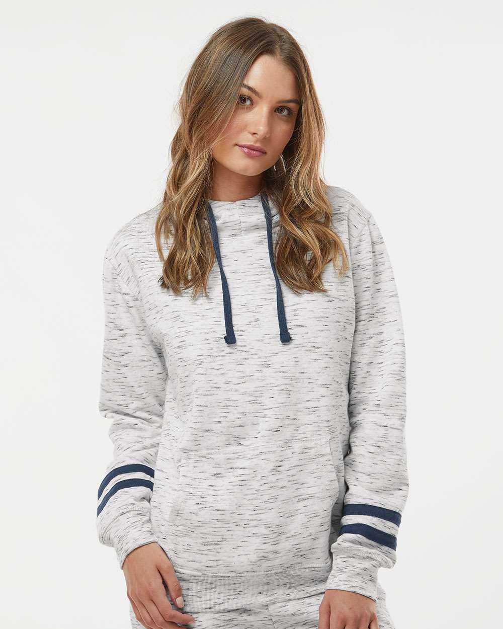 J. America Women’s Mélange Fleece Striped-Sleeve Hooded Sweatshirt 8674