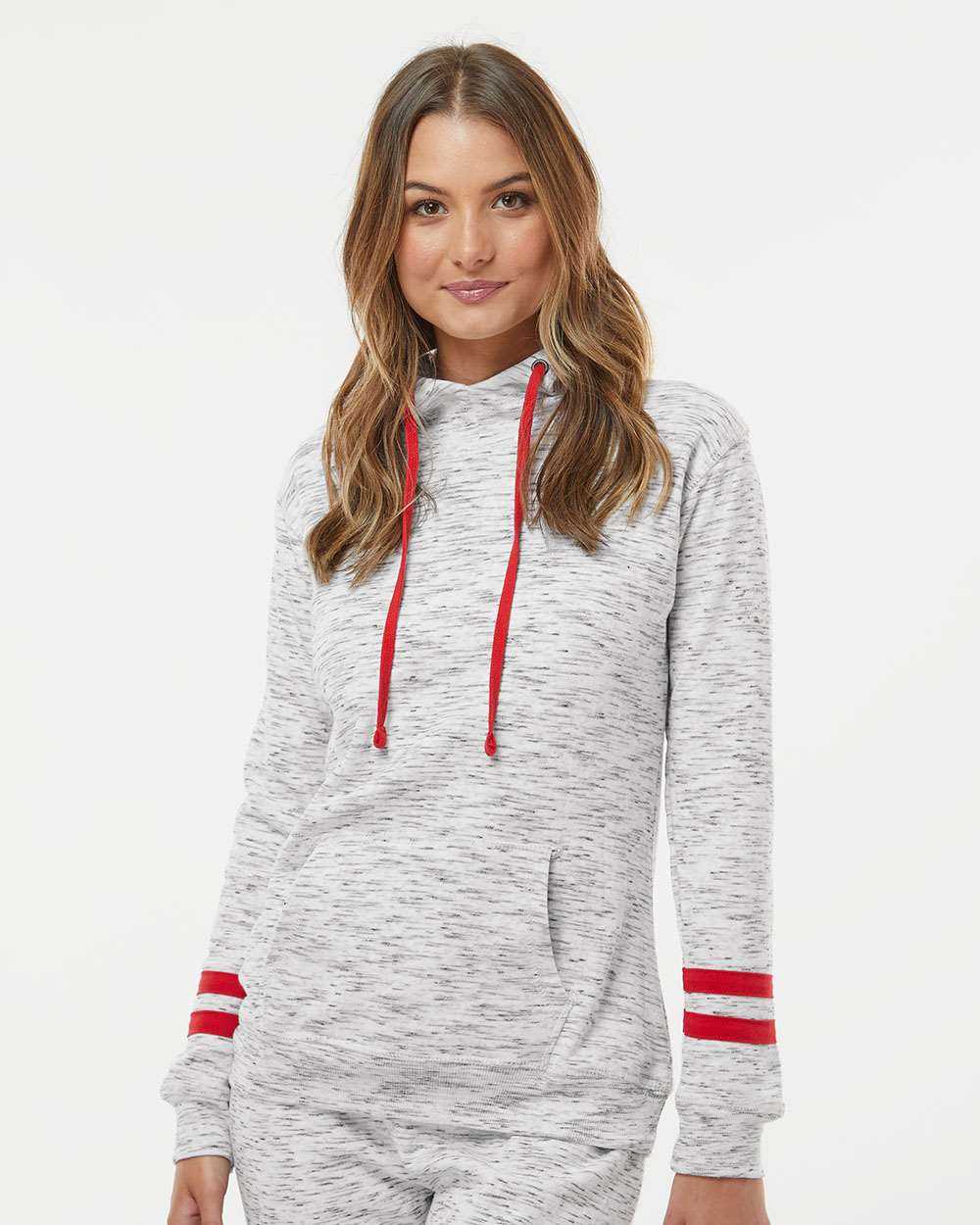 J. America Women’s Mélange Fleece Striped-Sleeve Hooded Sweatshirt 8674