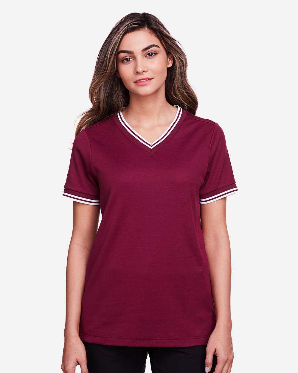 Devon & Jones Women's CrownLux Performance® Plaited Tipped V-Neck Shirt DG20CW