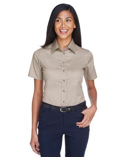 Harriton Women's Easy Blend™ Short Sleeve Twill Dress Shirt with Stain-Release M500SW Harriton Women's Easy Blend™ Short Sleeve Twill Dress Shirt with Stain-Release M500SW